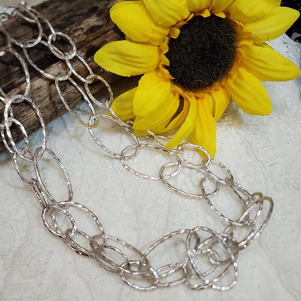 Elegant Lightweight Silver Toned Hammered Double Chain Link Necklace